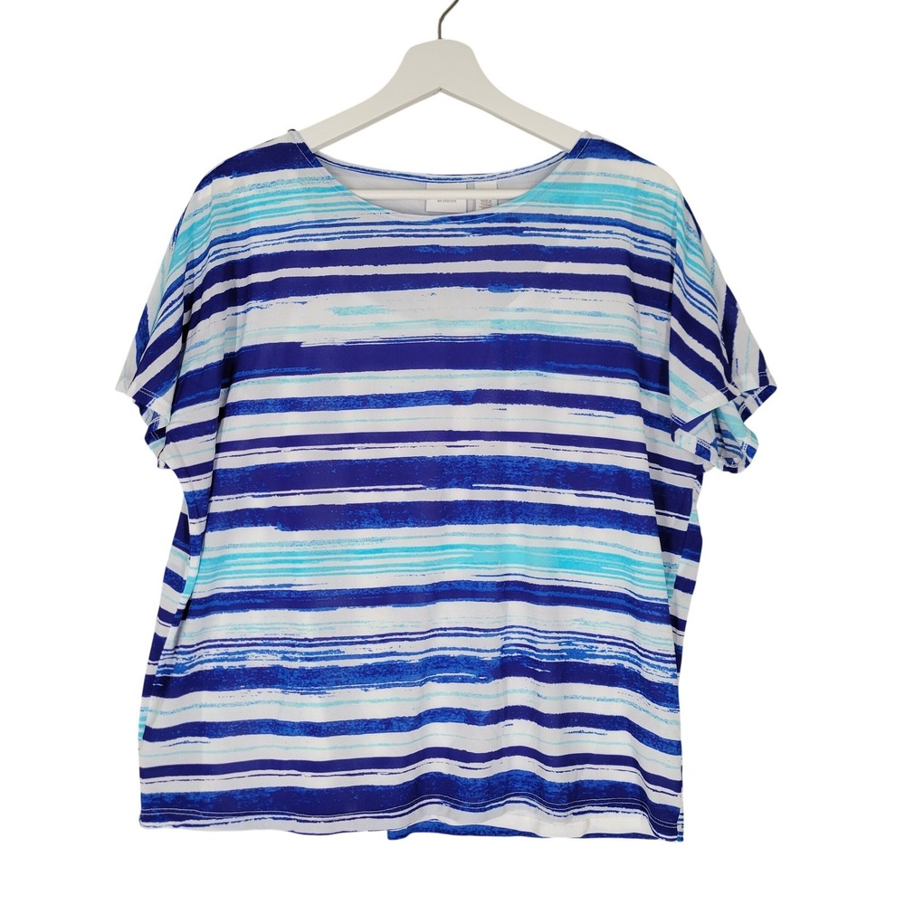 Chico's Weekend Striped Top Women Size 1 Blue Turquoise Short Sleeve Crew Neck